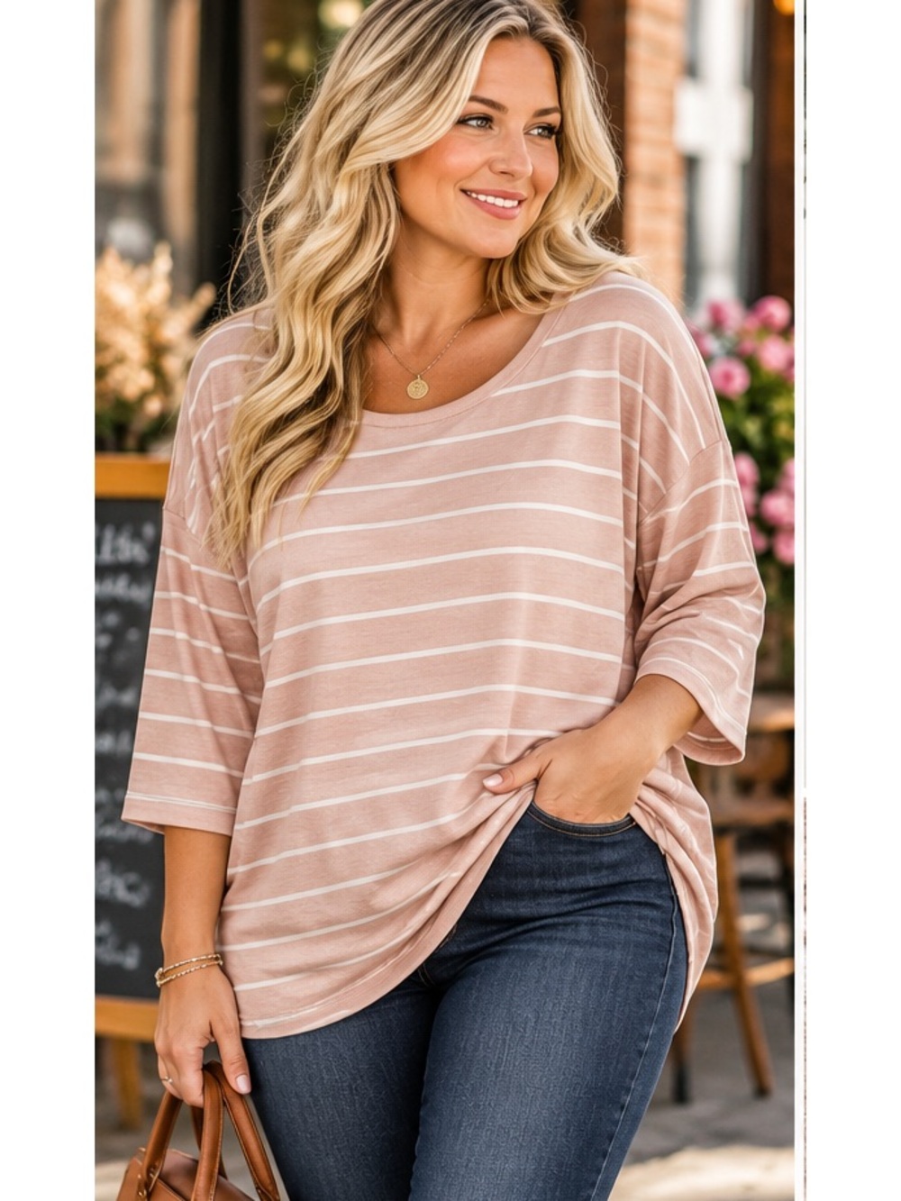 Like Love 1X Blush Pink White Striped Oversized Tunic Top Scoop Neck